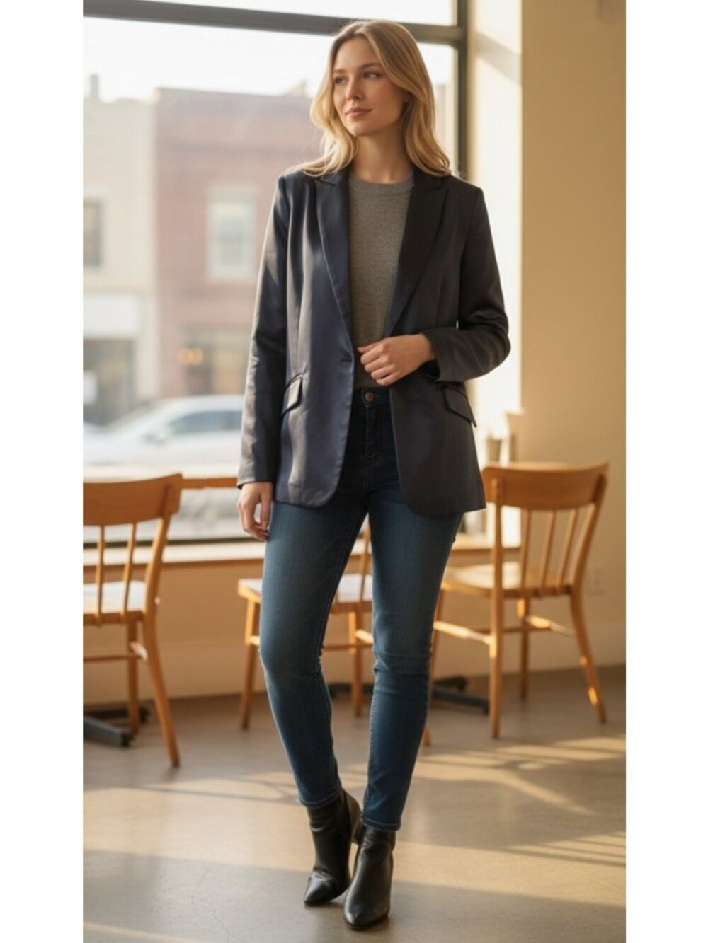 Democracy Midnight Blue Satin Blazer Jacket Size L Stretch Modern Chic Timeless